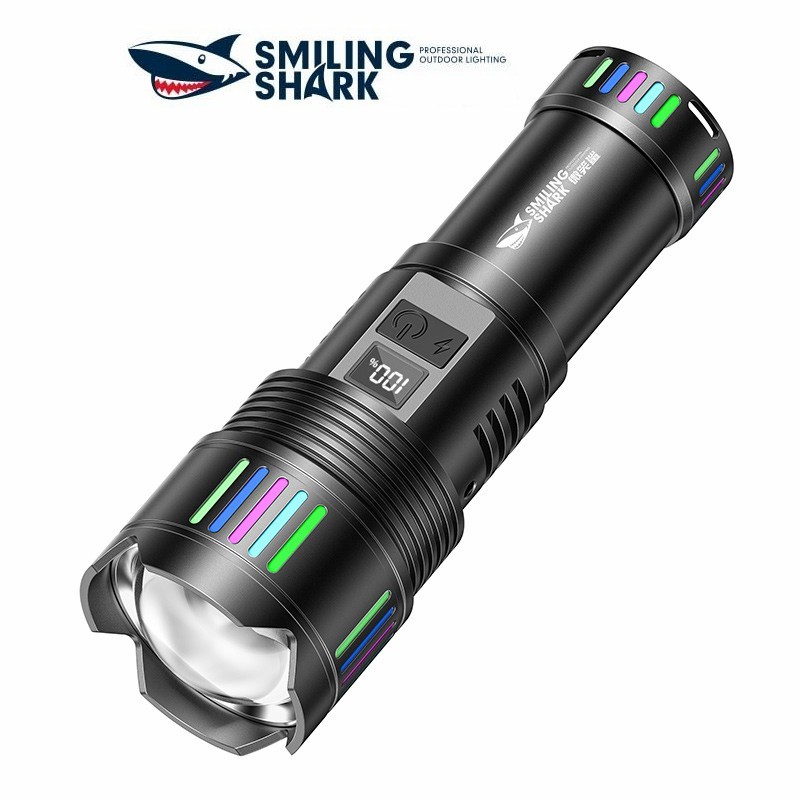 Smiling Shark SD5980 Super Bright ไฟฉาย Led M77.2 12000LM 60W ไฟฉายที่มีประสิทธิภาพที่มีสีสัน Luminous พร้อมจอแสดงผล Type-C ชาร์จ Zoomable กลางแจ้งเดินป่า