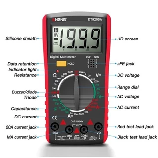 Dt9205A มัลติมิเตอร์ดิจิทัล Ac Dc โวลต์มิเตอร์ แอมมิเตอร์ เครื่องทดสอบ (สีแดง)