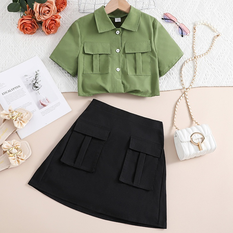 Siyyis ชุดเสื้อครอป และกระโปรง สีดํา สีเขียวทหาร สไตล์เกาหลี แฟชั่นฤดูร้อน สําหรับเด็กผู้หญิง 8-12 ปี