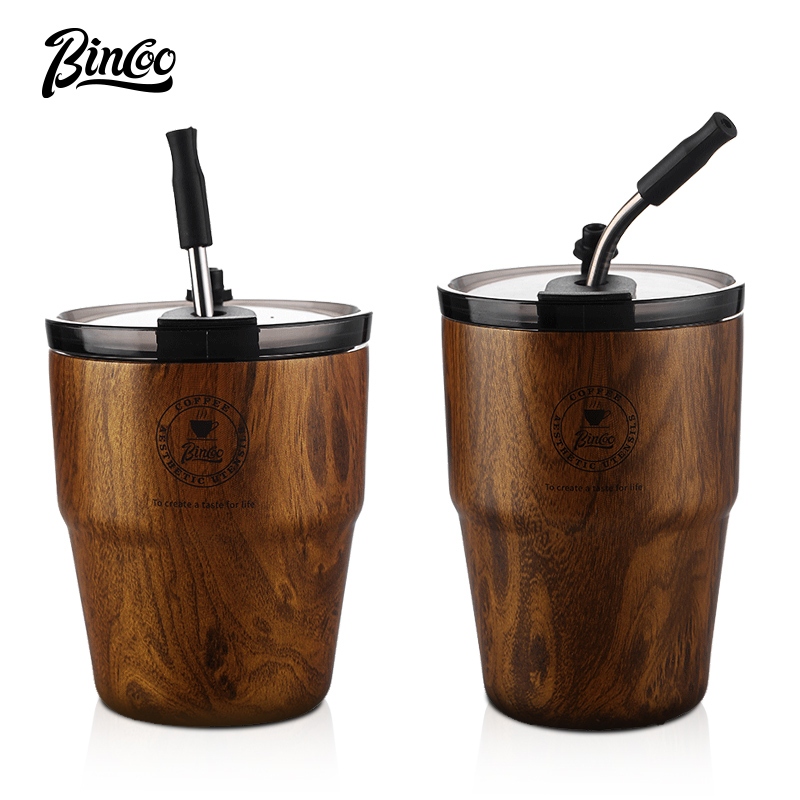 Bincoo แก้วกาแฟเซรามิกเคลือบลายไม้ด้านนอกสแตนเลสฉนวนแก้วแบบพกพาเหมาะสําหรับโฮมออฟฟิศกลางแจ้ง 480ML/560ML