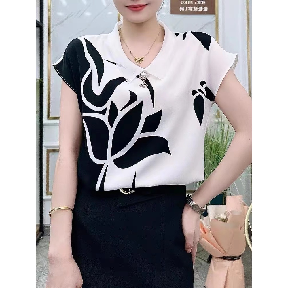 เสื้อเบลาส์แขนสั้น ผ้าชีฟอง ทรงหลวม ลายดอกไม้ แฟชั่นฤดูร้อน สําหรับผู้หญิง