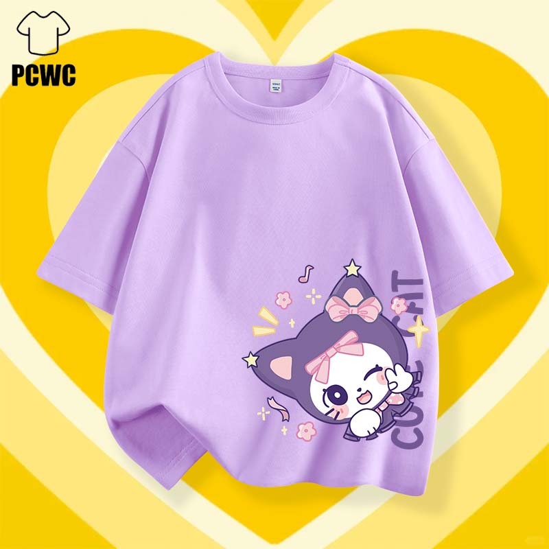 [110ซม.-160ซม.] เสื้อยืดผ้าฝ้ายแขนสั้นเด็กผู้หญิงพิมพ์ลายใส่สบาย kuromi