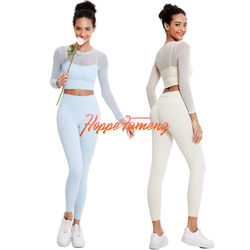 Hoppe Fumeng เสื้อบุนวมแขนยาวฤดูใบไม้ผลิสีน้ําเงินอบอุ่นและเลกกิ้งเอวสูงสําหรับออกกําลังกาย
