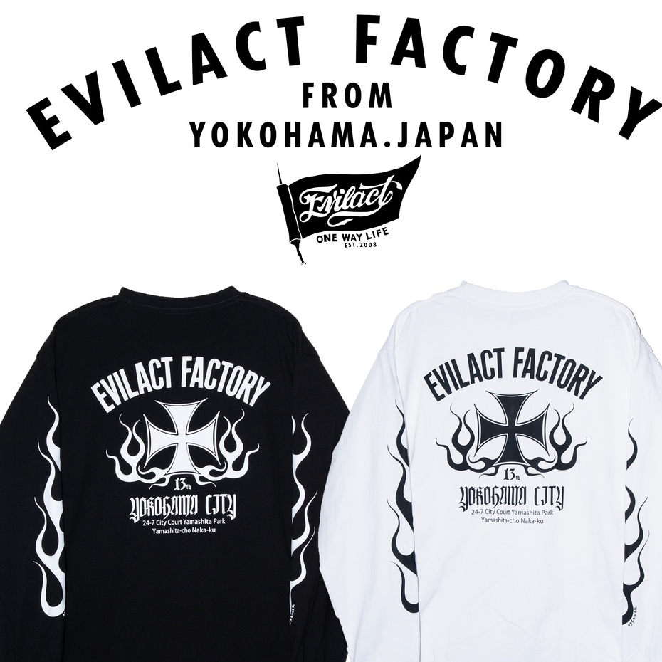 พร้อมส่ง 100% EVILACT Yokohama เสื้อยืดแขนยาว ทรงหลวม ลายเปลวไฟ สีดํา สีขาว สไตล์เรโทร เข้าได้กับทุกชุด