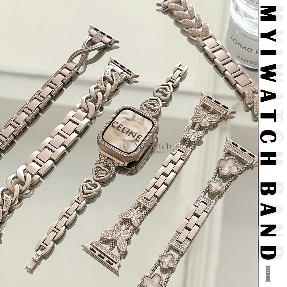 หรูหรา Rhinestone โซ่โลหะสําหรับ iwatch Serise 10 9 8 7 6 5 4 SE 3 2 1 Starlight สี series ผู้ชายสุภาพสตรีสร้อยข้อมือสําหรับ iwatch 46 มม.45 มม.41 มม.40 มม.44 มม.42 มม.38 มม.ส่วนตัว custo