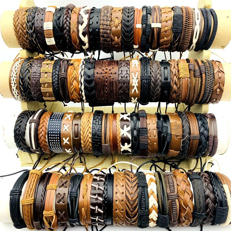 50ชิ้นย้อนยุคกําไลข้อมือสร้อยข้อมือสําหรับผู้ชายและผู้หญิงแฮนด์เมดหนังข้อมือแฟชั่นเครื่องประดับ