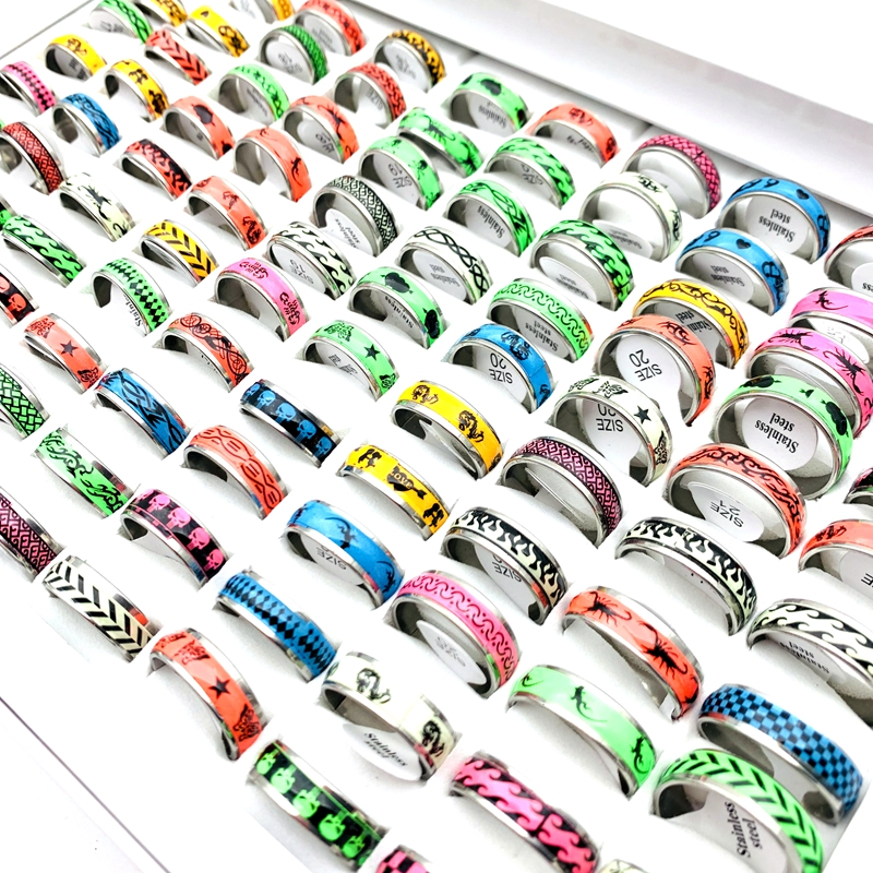 20ชิ้นแหวนสแตนเลสสําหรับผู้ชายและผู้หญิงส่องสว่างสติกเกอร์รูปแบบเครื่องประดับพรรค