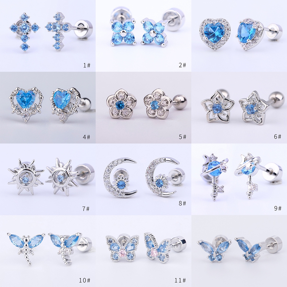 1 PC 20G สแตนเลสสตีลคริสตัลสีฟ้าต่างหูผีเสื้อรูปหัวใจกระดูกอ่อนต่างหู Cross Ear Stud Conch Tragus เจาะ