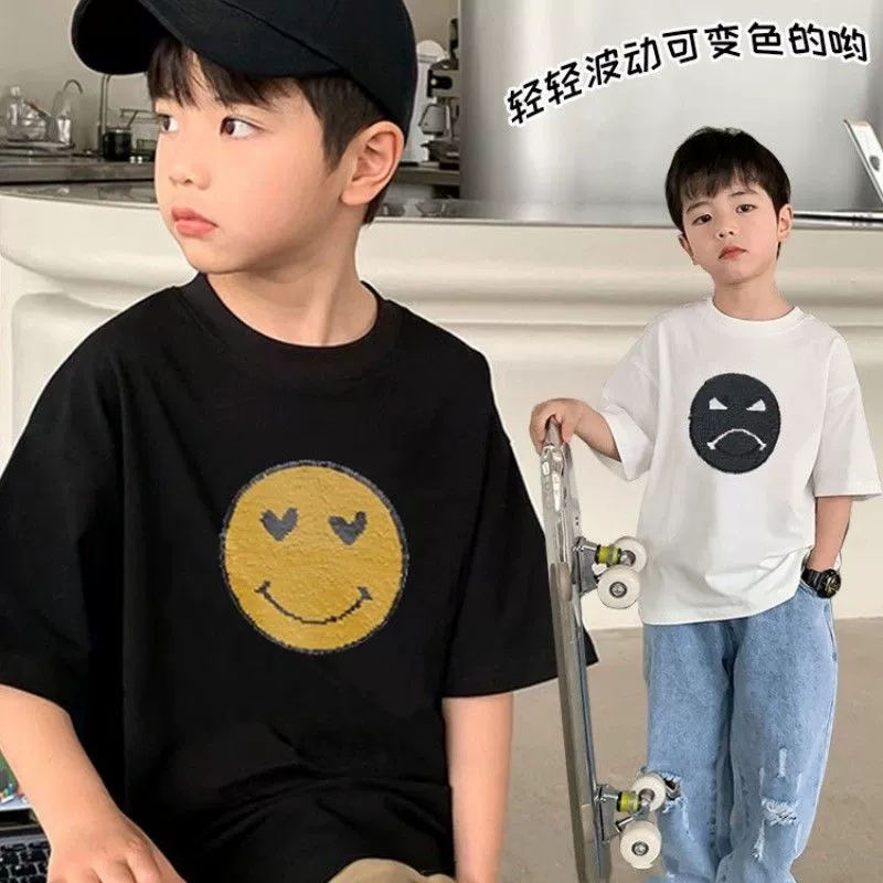 ผ้าฝ้ายแท้เด็กประดับด้วยเลื่อมแขนสั้นเสื้อยืดชายฤดูร้อนพลิกสี-แขวนหน้ายิ้ม-แขวนด้านบน