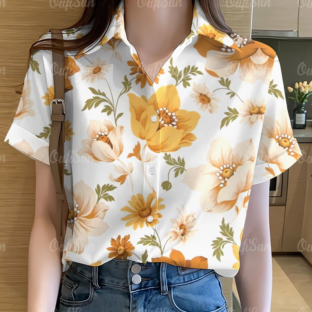 เสื้อเชิ้ตแขนสั้น คอปก พิมพ์ลายดอกไม้ ขนาดใหญ่ แบบเรียบง่าย แฟชั่นฤดูร้อน สําหรับผู้หญิง