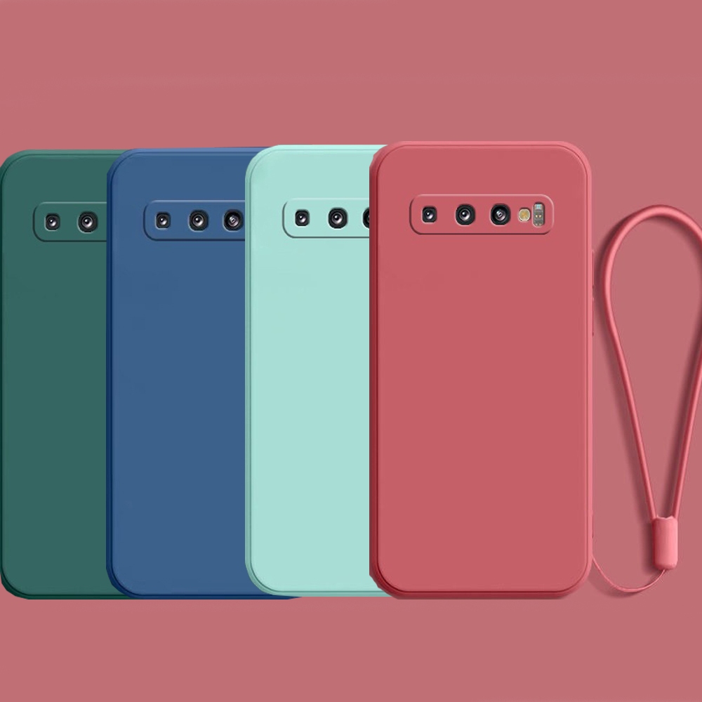 Samsung Galaxy S10 Plus S9 Note 8 9 กรอบกันชน สี่เหลี่ยม บาง นิ่ม TPU เคสซิลิโคน พร้อมสายคล้องมือ