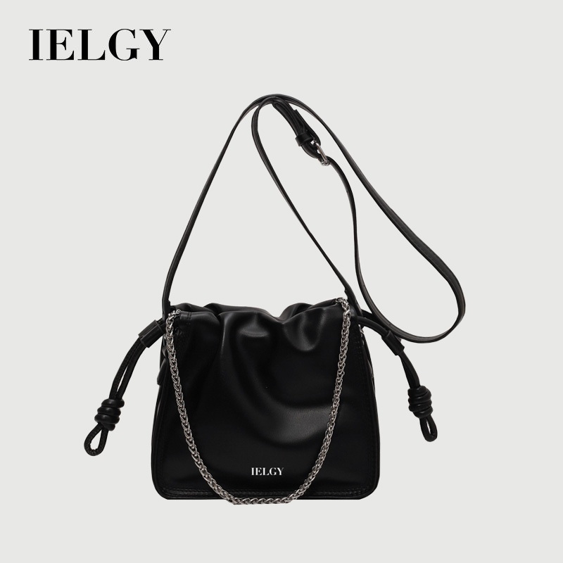 IELGY กระเป๋าใต้วงแขนจีบ Retro Bucket Bag All-Match Chain Messenger Bag