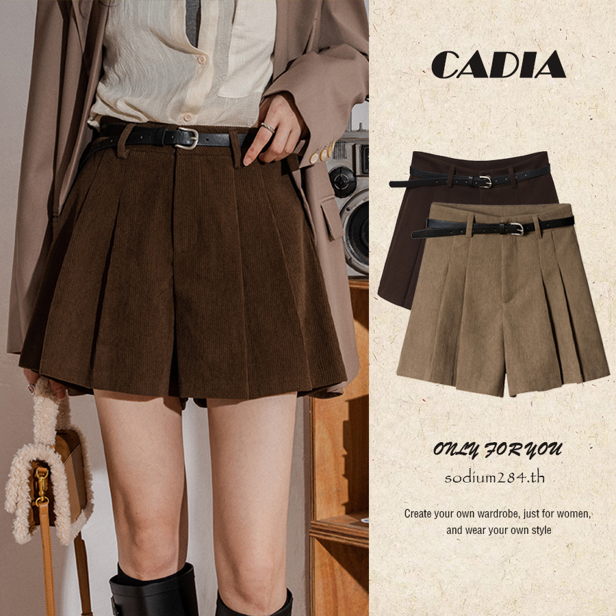 CADIA กระโปรงพลีท กระโปรงสั้น เอวสูง ผ้าลูกฟูก แต่งจับจีบ ลําลอง ขากว้าง แบบเข้ารูป สําหรับผู้หญิง