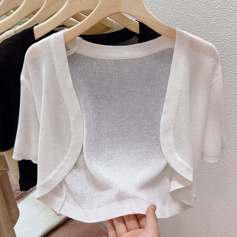 เสื้อคาร์ดิแกนแขนสั้น ผ้าคลุมไหล่ ผ้าถัก แบบบาง แฟชั่นฤดูร้อน สําหรับผู้หญิง