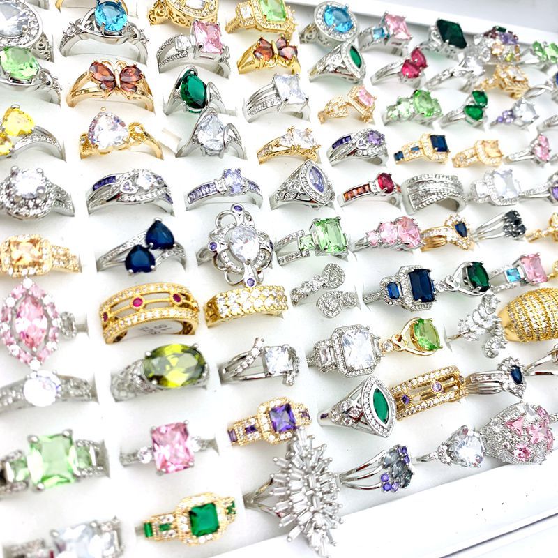 10ชิ้นแหวนสําหรับผู้หญิงประกาย พลอยเทียม และเพทายแฟชั่นเครื่องประดับชุบเงินชุบทอง