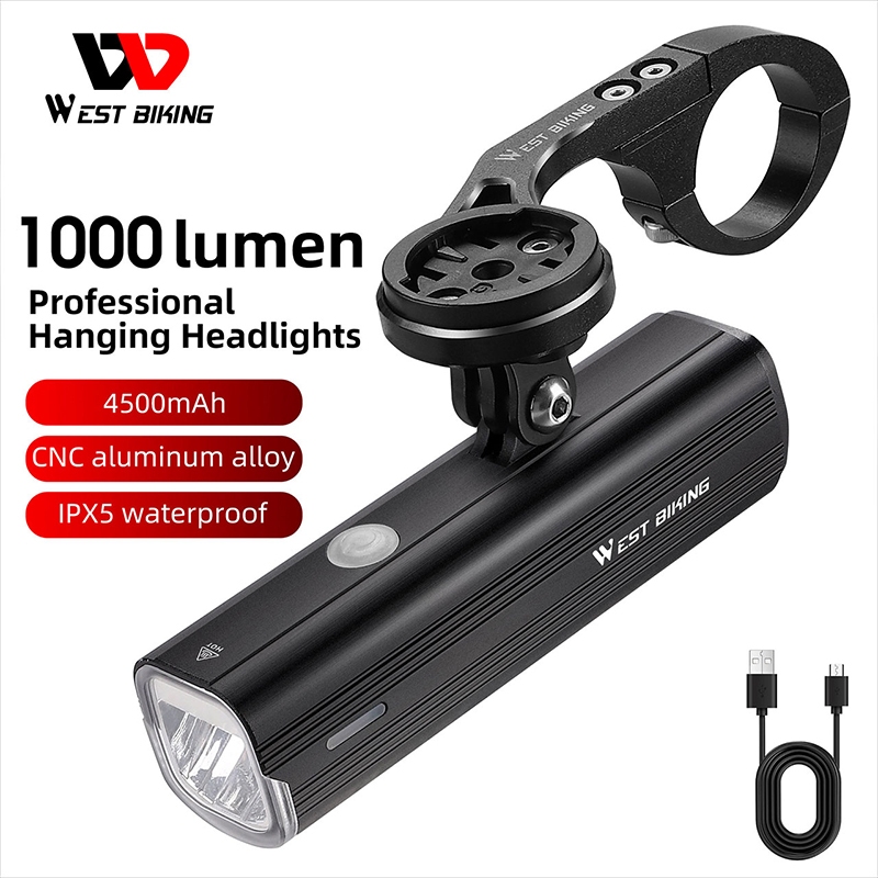 WEST BIKING ไฟฉายติดด้านหน้าจักรยาน 1000 ลูเมน ชาร์จ USB กันน้ํา