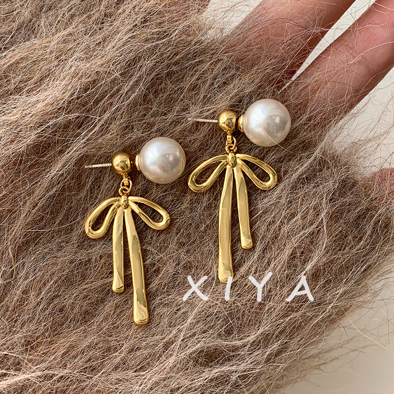 XIYA ต่างหูระย้า ประดับโบว์ ไข่มุก สีเทา แฟชั่นสําหรับผู้หญิง