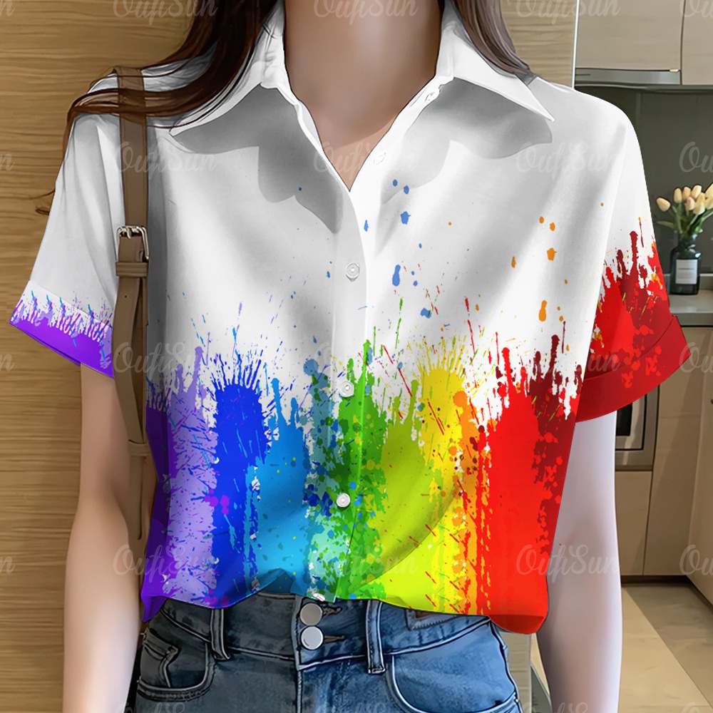 เสื้อเชิ้ตแขนสั้น คอปก ขนาดใหญ่ แต่งไล่โทนสี สไตล์ฮาวาย แฟชั่นฤดูร้อน สําหรับผู้หญิง