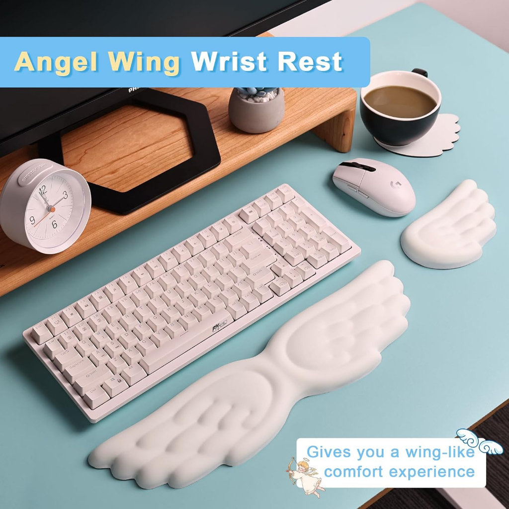 Angel Wings Leather Memory Foam Keyboard Wrist Rest Mouse Pad Set สําหรับ Mac PC Gaming
