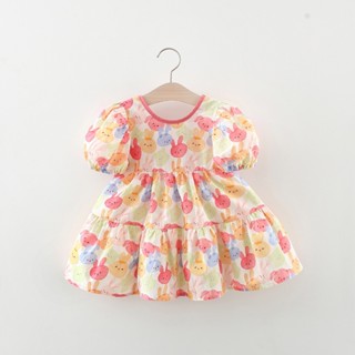 ชุดเดรสเจ้าหญิง แขนพอง พิมพ์ลายกระต่าย ประดับโบว์ สีชมพู แฟช…