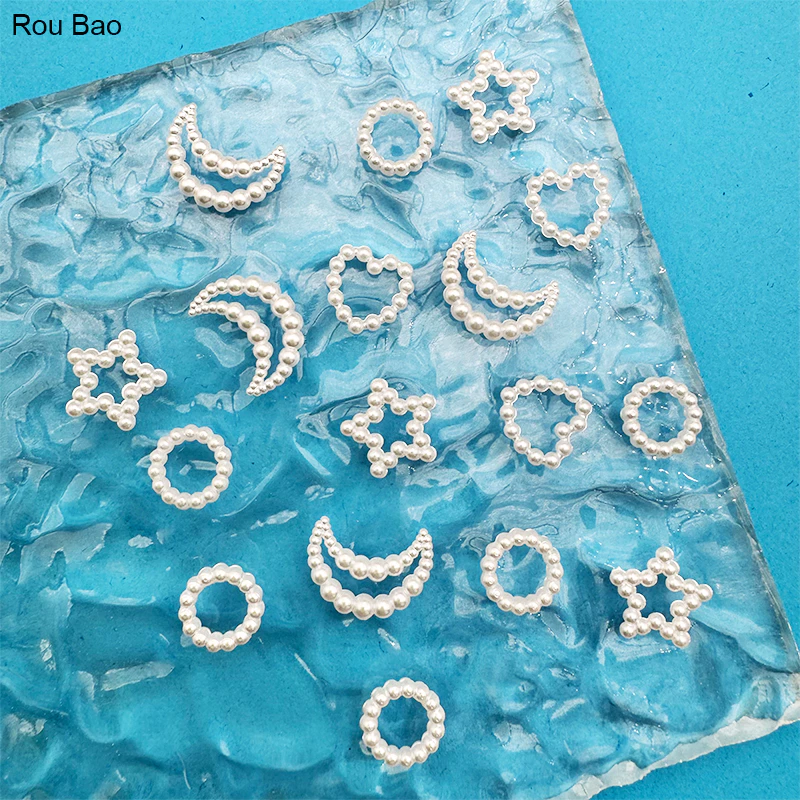 Rou Bao อุปกรณ์ตกแต่งเล็บ ไข่มุก รูปดวงจันทร์ ดาว หัวใจ ABS สําหรับตกแต่งเล็บ DIY 50 ชิ้น