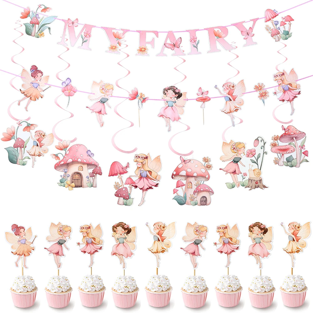 ป้ายธงแบนเนอร์เกลียว รูปดอกไม้ สีชมพู สําหรับแขวนตกแต่งเค้ก ปาร์ตี้วันเกิดเด็ก DIY