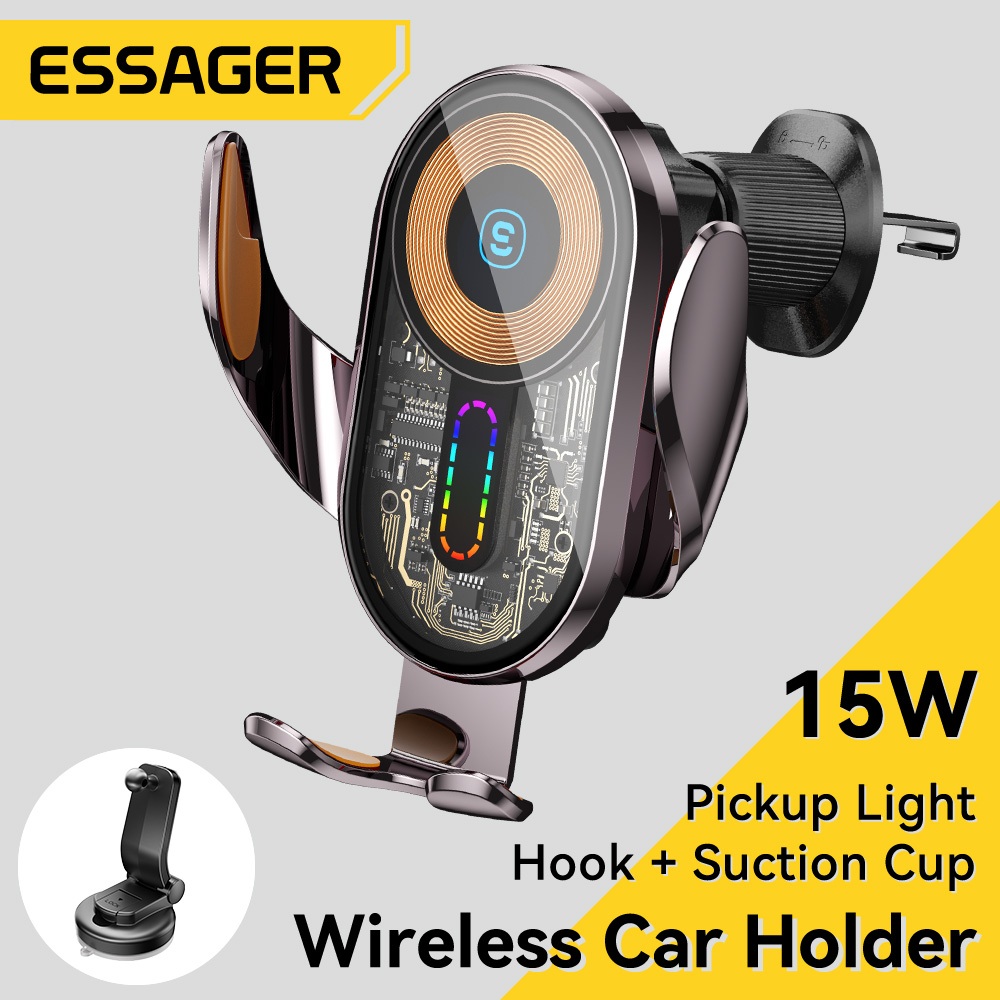 Essager 15w อุปกรณ์เมาท์ขาตั้งโทรศัพท์มือถือ ไร้สาย RBG 360 สําหรับติดรถยนต์° คอนโซลอัจฉริยะ แบบหมุนได้