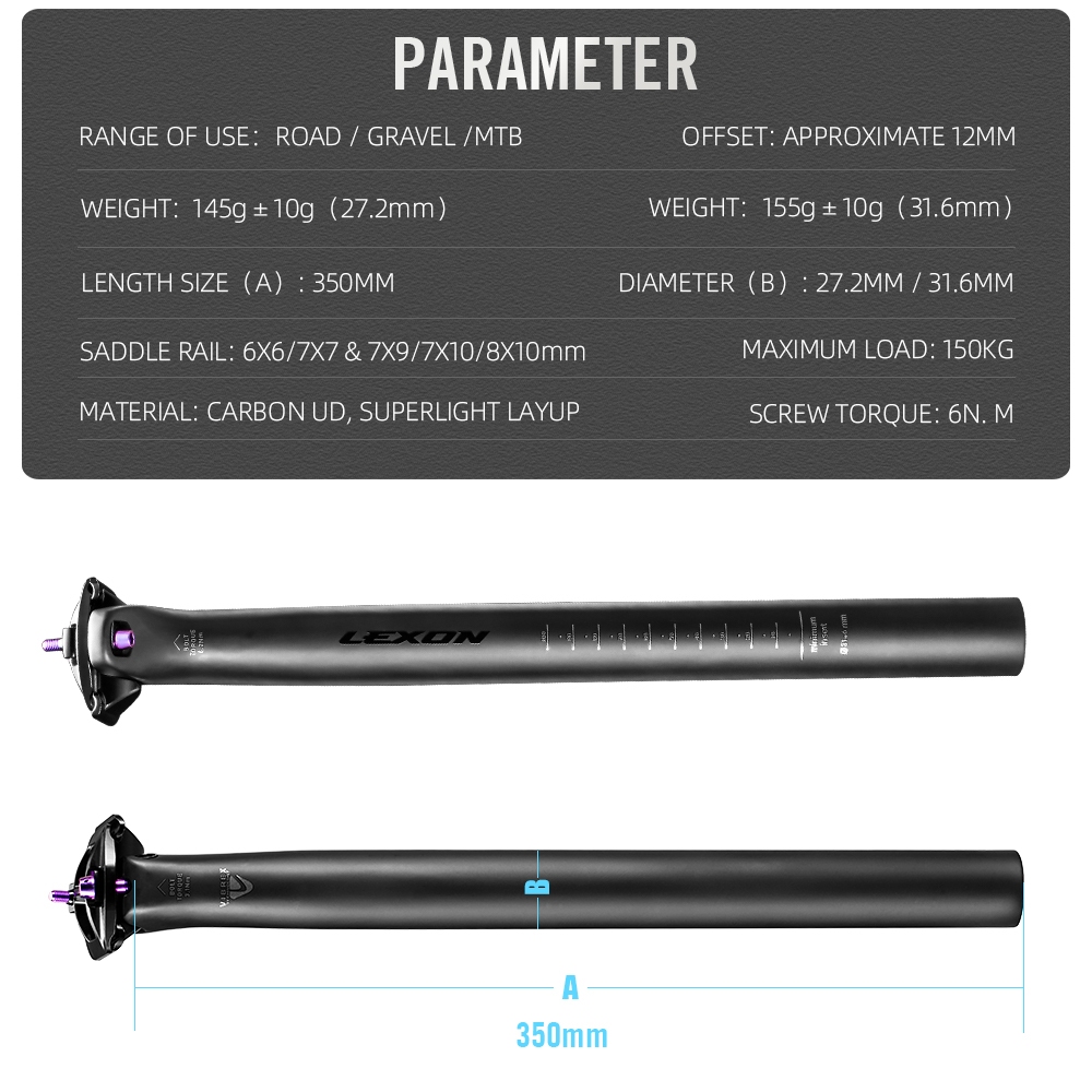 สต็อกพร้อม! LEXON Ultralight Carbon Seatpost 145g/155g, 27.2/31.6 มม.เส้นผ่านศูนย์กลาง 350 มม.ความยาวสําหรับ MTB กรวดจักรยานเสือหมอบ, Super น้ําหนักเบาจักรยานที่นั่งโพสต์ ราคา ถูกที่สุด ดีลบีเคเค แกลเลอรีภาพที่ 2