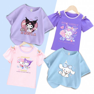 เสื้อยืดผ้าฝ้าย เปิดไหล่ พิมพ์ลายการ์ตูนน่ารัก สําหรับเด็กผู…