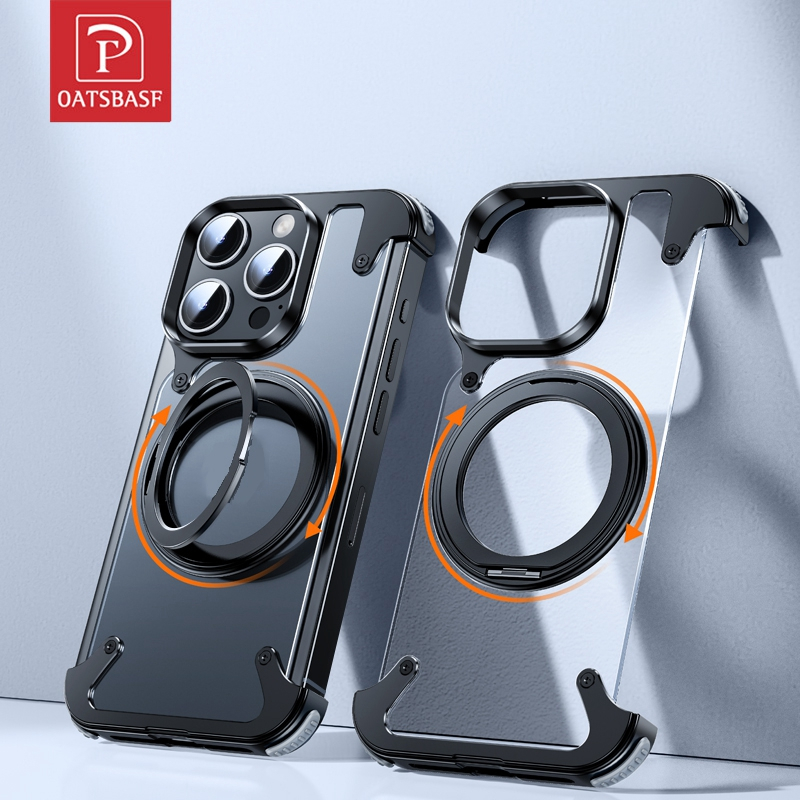 Oatsbasf เคสโทรศัพท์ โลหะ พร้อม 360° แหวนโทรศัพท์ สําหรับ iPhone 16 ProMax / 16 Pro / 16 / 15 Pro / 15 ProMax กรอบ ถุงลมนิรภัย กันกระแทก กันชน เคสมุม บางเฉียบ