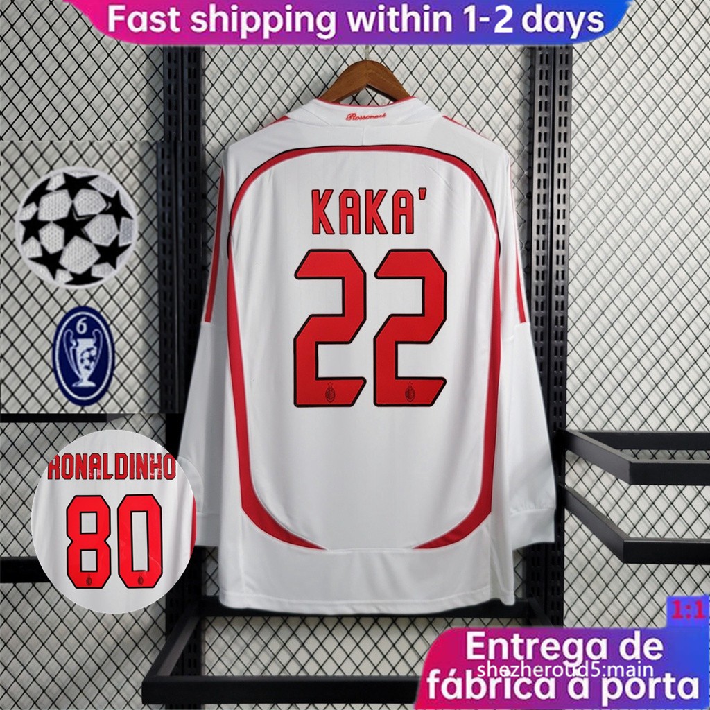เสื้อเชิ้ตแขนสั้น ลายทีมชาติฟุตบอล Kaka คุณภาพสูง AC Milan 2006 07 สีขาว สําหรับผู้ชาย