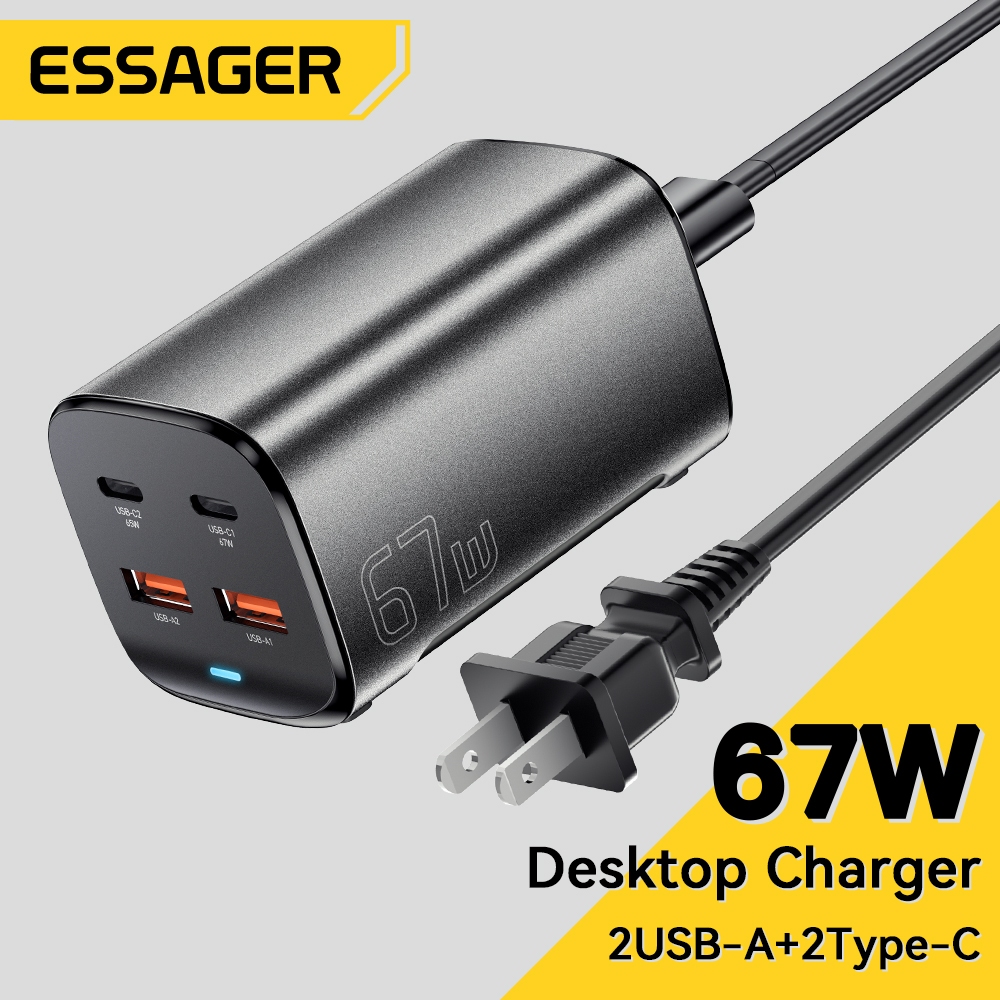 Essager 67W GaN ที่ชาร์จโต๊ะ Type C Usb Fast Charging Charger 2C2A สี่พอร์ตชาร์จพร้อมกันรองรับ PD QC PPS Protocol ใช้งานร่วมกับโทรศัพท์มือถือแล็ปท็อป Fast Charger