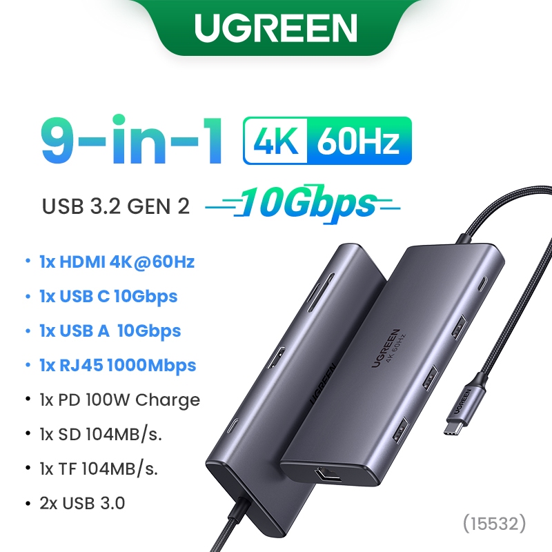 Ugreen ฮับ USB C 10Gbps 4K60Hz 9 in 1 Type C เป็น HDMI RJ45 Ethernet PD100W สําหรับ MacBook iPad Hua