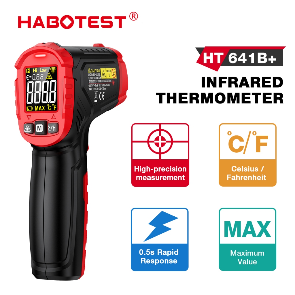【จัดส่งจากกรุงเทพ】HABOTEST HT641 อุณหภูมิอินฟราเรด -58 ~ 1112 ℉  เครื่องวัดอุณหภูมิพื้นผิวเลเซอร์อินฟราเรดความร้อนแบบไม่สัมผัส