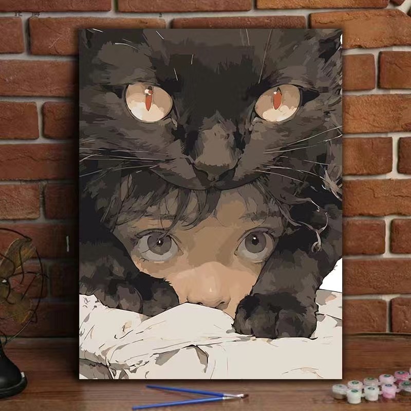 JINYOU(20*30/30*40 ซม.) ระบายสีตามตัวเลข DIY แมวผ้าใบภาพวาดสีอะคริลิคเด็กมือวาดภาพวาดตกแต่งห้องแขวนผนัง