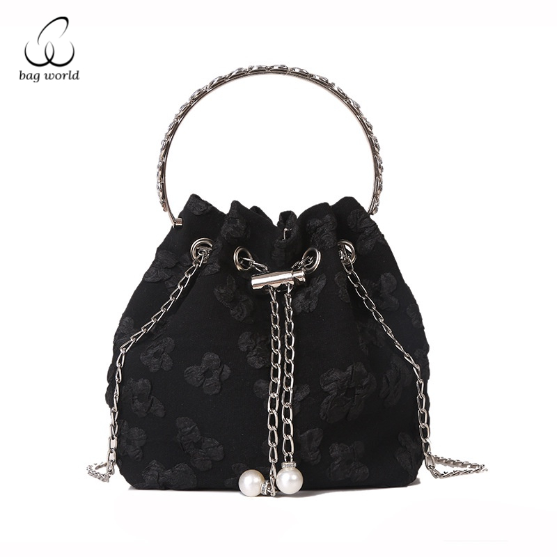 Bag World กระเป๋าสะพายไหล่ แต่งสายโซ่ แต่งจับจีบ ลายดอกไม้ แฟชั่นยอดนิยม สําหรับสตรี
