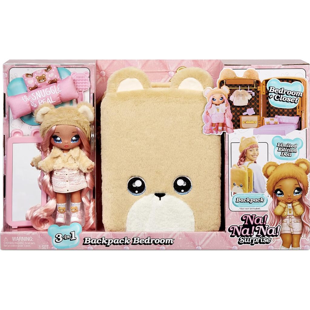 Na! Na! Na! Surprise 3-in-1 Backpack Bedroom Playset Sarah Snuggles Fashion Doll in Exclusive Outfit, Fuzzy Teddy Bear Bag, Closet with Pillows &amp; Blanket Accessoriesไม่! ไม่! ไม่! Surprise 3-in-1 กระเป๋าเป้สะพายหลัง ลายตุ๊กตาหมี พร้อมหมอน และผ้าห่ม อุปกรณ
