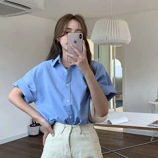 Rommers เสื้อเชิ๊ตแขนสั้นปกฮาวายทรงเบสิคสไตล์มินิมอลสำหรับผู้หญิง