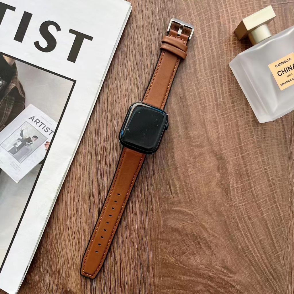 สายนาฬิกาข้อมือหนัง สีน้ําตาล สําหรับ iWatch Series10 9 8 7 6 5 4 3 2 1 SE SE2 49 มม. 41 มม. 45 มม. 38 มม. 40 มม. 44 มม. 42 มม. สาย i watch Strap