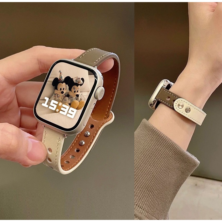 สายนาฬิกาข้อมือหนัง สีน้ําตาล สําหรับ iWatch Series10 9 8 7 6 5 4 3 2 1 SE SE2 49 มม. 41 มม. 45 มม. 38 มม. 40 มม. 44 มม. 42 มม. สาย i watch Strap