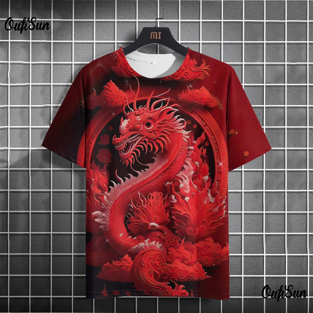 เสื้อยืดแขนสั้นลําลอง พิมพ์ลายมังกรปีใหม่ 2024 สําหรับผู้ชาย และผู้หญิง