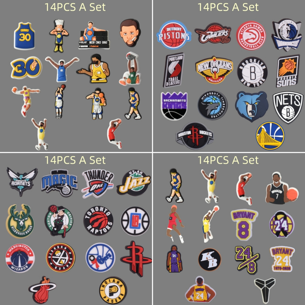 ใหม ่ 14 ชิ ้ นชุด Jibbitz สําหรับ Crocs Jibbitz NBA Star James/Kobe Lakers Thompson Curry กระเป ๋ าอุปกรณ ์ เสริมรองเท ้ าหัวเข ็ มขัด Charms Clogs Pins