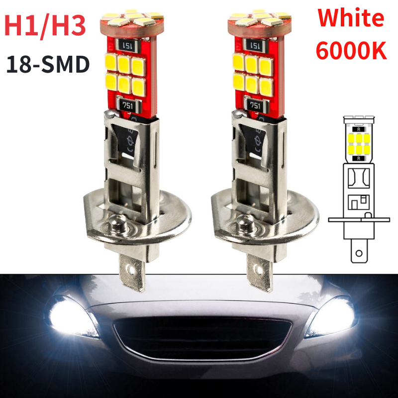 2pcs H1 H3 หลอดไฟ LED ไฟตัดหมอกรถยนต์ขับรถโคมไฟไฟหน้า Bulb18-SMD Super Bright สีขาว 6000K 12V