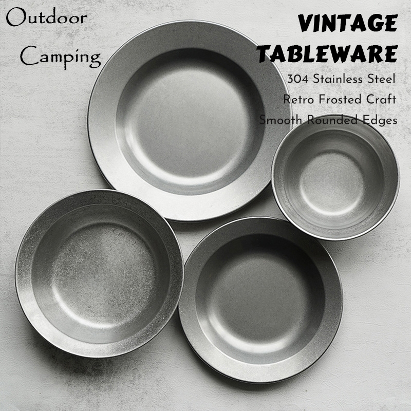 จานสเตนเลส 304 ทรงกลม ใช้ซ้ําได้ ของใช้บนโต๊ะอาหาร สําหรับปิกนิก ตั้งแคมป์กลางแจ้ง