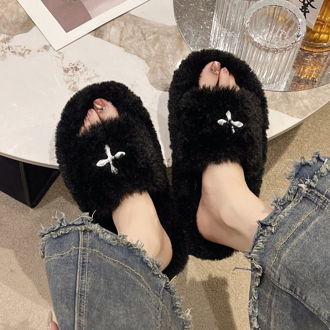 Ulzzang ใหม่ รองเท้าแตะ พื้นแบน เปิดนิ้วเท้า ผ้ากํามะหยี่ขนนิ่ม SMFK เข้ากับทุกชุด แฟชั่นฤดูใบไม้ร่วง ฤดูหนาว สําหรับผู้หญิง