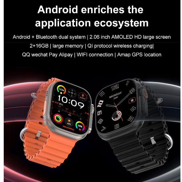 นาฬิกาข้อมือสมาร์ทวอทช์ GPS 4G DT Ultra 2 Amoled Android บลูทูธ ระบบคู่ อัลตร้าไวไฟ เข็มทิศ GPS บลูทูธ โทรได้ เล่นกีฬา