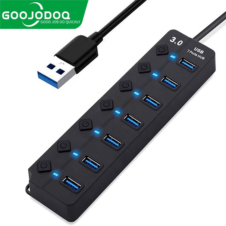 GOOJODOQ อะแดปเตอร์ฮับ USB 3.0 7 พอร์ต USB 3.0 หลายพอร์ต แบบพกพา พร้อมสวิตช์แยก LED แปลงข้อมูล 5Gbps สําหรับแล็ปท็อป PC