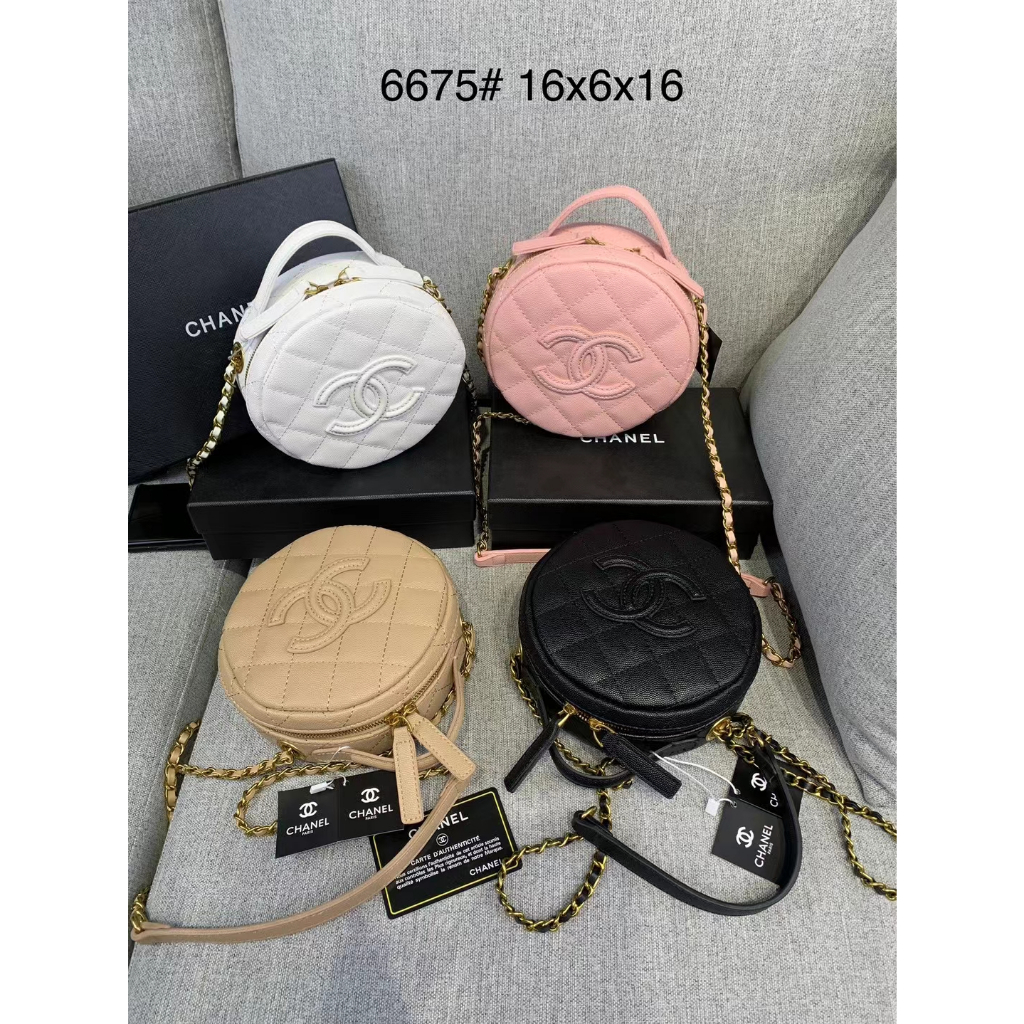 Chanel ชาแนล กระเป๋าสะพายไหล่ กระเป๋าถือ แบบหนัง แต่งสายโซ่ ทรงกลม แฟชั่นเรียบง่าย สําหรับสตรี 6675