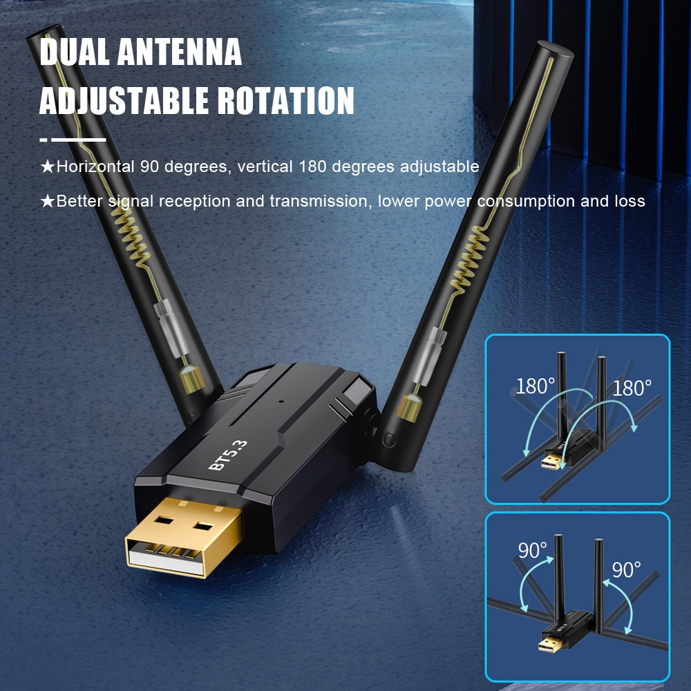 อะแดปเตอร์รับส่งสัญญาณเสียงบลูทูธไร้สาย 5.3 EDR BLE Dongle เสาอากาศคู่ ระยะไกล 150 เมตร