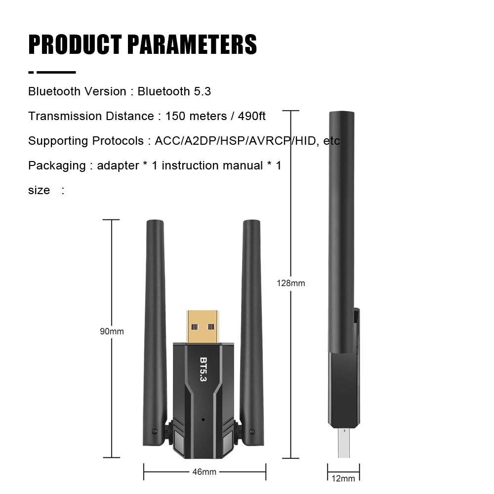 อะแดปเตอร์รับส่งสัญญาณเสียงบลูทูธไร้สาย 5.3 EDR BLE Dongle เสาอากาศคู่ ระยะไกล 150 เมตร